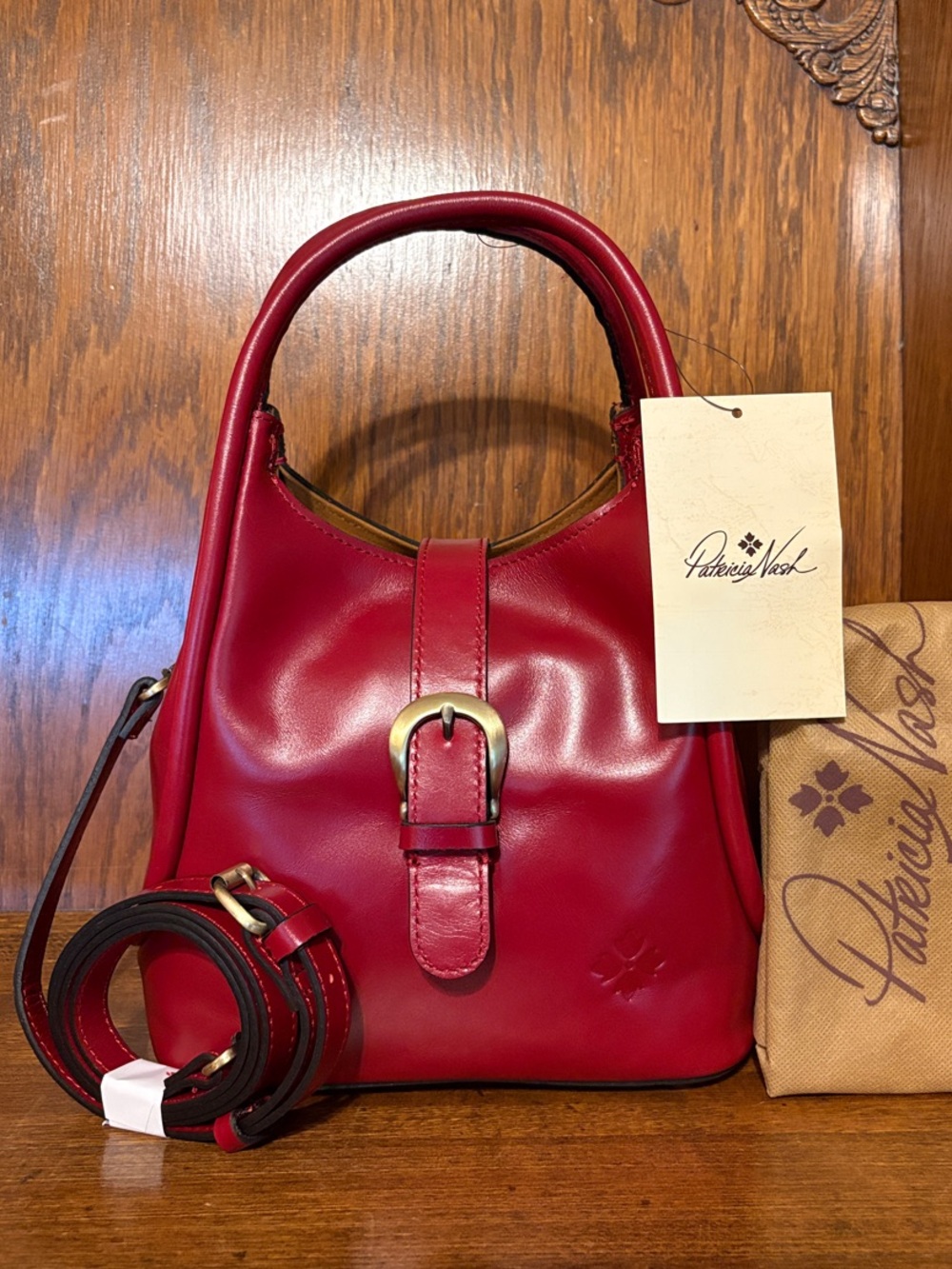 NWT-Patricia Nash-Leather-Halina-Top Handle Hobo w/Strap-Buckle-Berry Red-$199 - Picture 13 of 16